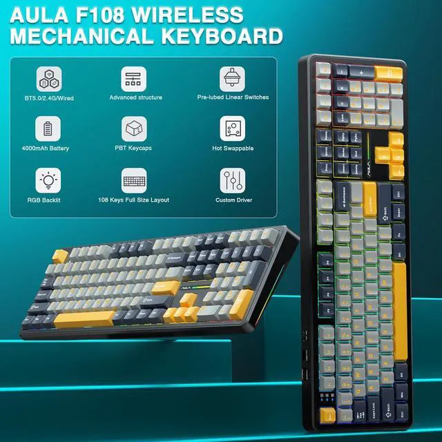 Alt view image 2 of 7 - F108 Wireless Mechanical Keyboard, BT5.0/USB-C/2.4GHz Hot Swappable Custom Gaming Keyboards, PBT Keycaps, Pre-lubed Switches, RGB Backlit Full Size Creamy Keyboard with Number Pad, 108 Keys