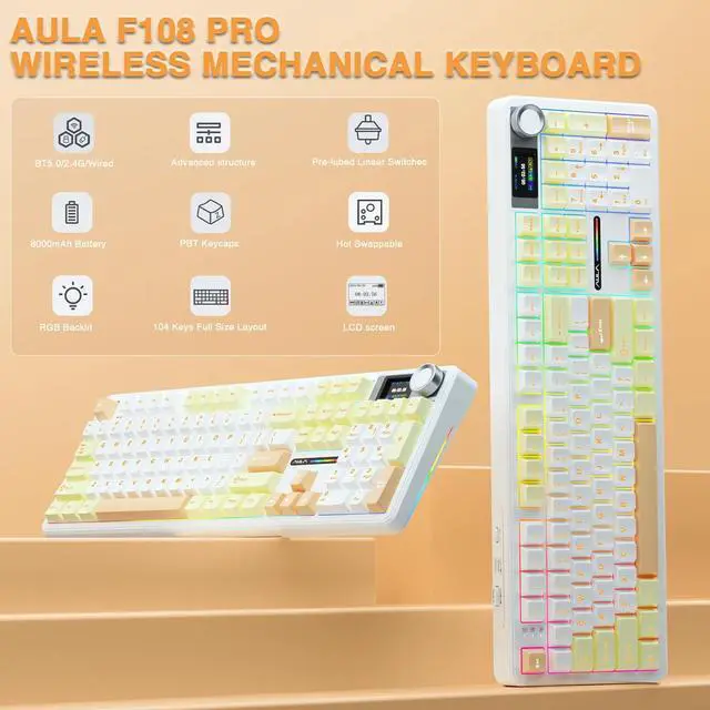 Alt view image 2 of 7 - F108 PRO - Wireless Mechanical Keyboard with Screen&Knob,Hot Swappable Gaming Keyboard with 8000mAh Battery,Pre-lubed Switches,RGB Backlit,PBT Keycaps Creamy Sounding Computer Keyboards,104 Keys