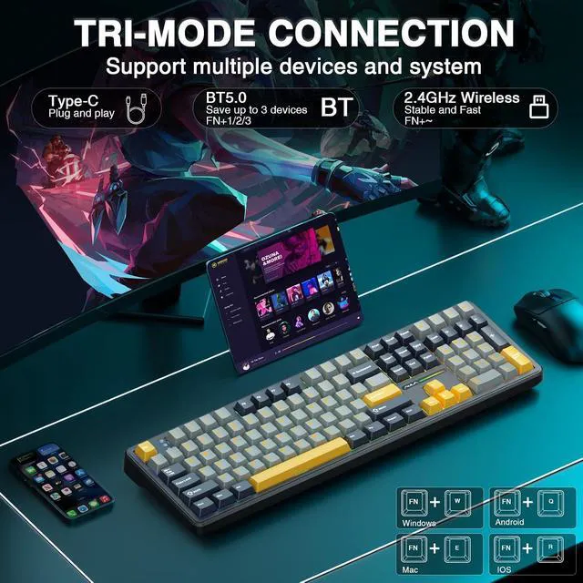 Alt view image 3 of 7 - F108 Wireless Mechanical Keyboard, BT5.0/USB-C/2.4GHz Hot Swappable Custom Gaming Keyboards, PBT Keycaps, Pre-lubed Switches, RGB Backlit Full Size Creamy Keyboard with Number Pad, 108 Keys