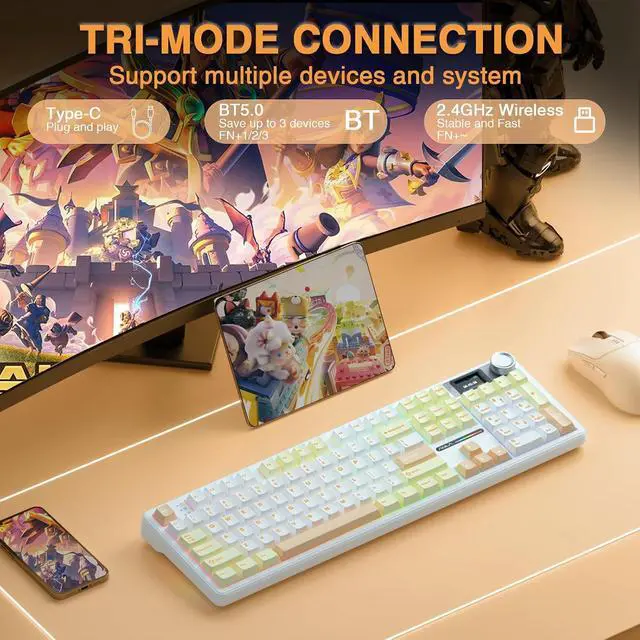 Alt view image 4 of 7 - F108 PRO - Wireless Mechanical Keyboard with Screen&Knob,Hot Swappable Gaming Keyboard with 8000mAh Battery,Pre-lubed Switches,RGB Backlit,PBT Keycaps Creamy Sounding Computer Keyboards,104 Keys