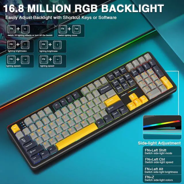 Alt view image 4 of 7 - F108 Wireless Mechanical Keyboard, BT5.0/USB-C/2.4GHz Hot Swappable Custom Gaming Keyboards, PBT Keycaps, Pre-lubed Switches, RGB Backlit Full Size Creamy Keyboard with Number Pad, 108 Keys