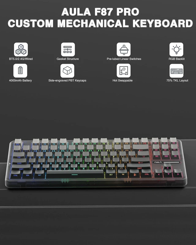 Alt view image 5 of 7 - F87 Pro Wireless Mechanical Keyboard,Tri-Mode BT5.0/2.4GHz/USB-C Gasket Hot Swappable Custom Keyboard+SC580 Wireless Gaming Mouse White