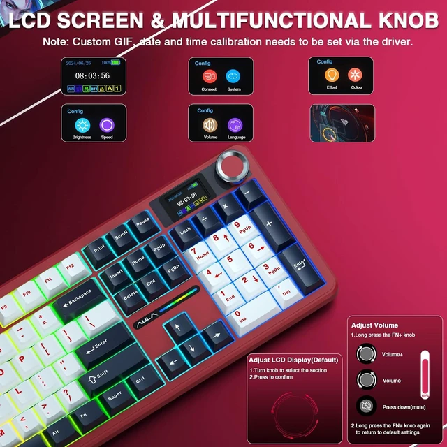 Alt view image 3 of 7 - F108 PRO - Wireless Mechanical Keyboard with Screen&Knob,Hot Swappable Gaming Keyboard with 8000mAh Battery,Pre-lubed Switches,RGB Backlit,PBT Keycaps Creamy Sounding Computer Keyboards,104 Keys