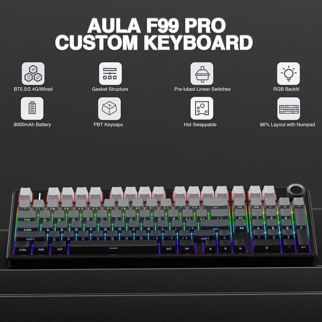 Alt view image 2 of 7 - F99 Pro Wireless Mechanical Keyboard with Number Pad, Knob, 99 Keys