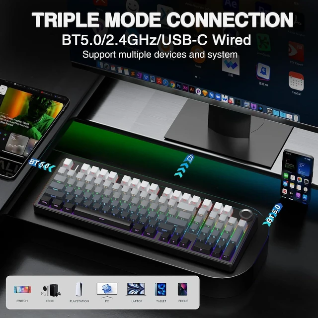 Alt view image 3 of 7 - F99 Pro Wireless Mechanical Keyboard with Number Pad, Knob, 99 Keys
