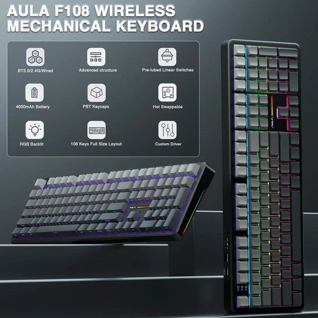 Alt view image 3 of 7 - Wireless Keyboard and Mouse Combo, F108 Full Size Mechanical Keyboard SC580 Tri-Mode Gaming Mouse