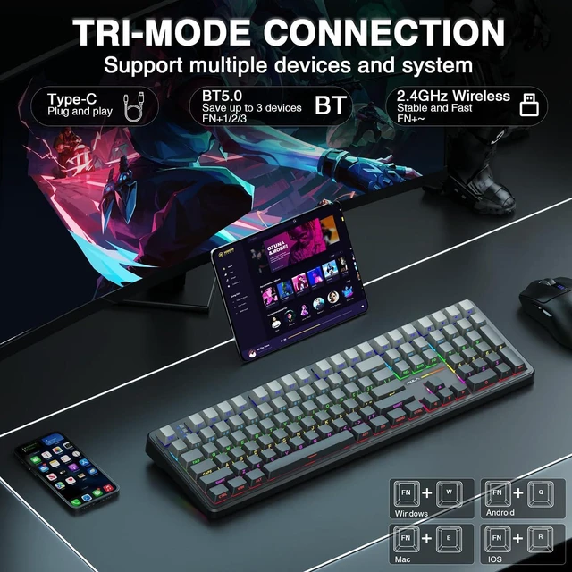 Alt view image 4 of 7 - Wireless Keyboard and Mouse Combo, F108 Full Size Mechanical Keyboard SC580 Tri-Mode Gaming Mouse