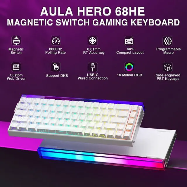 Alt view image 2 of 7 - Hero 68 HE 60% Gaming Keyboard Wired, Hall Effect Magnetic Switch Keyboard with 8K Hz Polling Rate, Side Printed PBT Keycaps, RGB Backlit Light Box, Customizable Web Software for PC/Mac Gamers