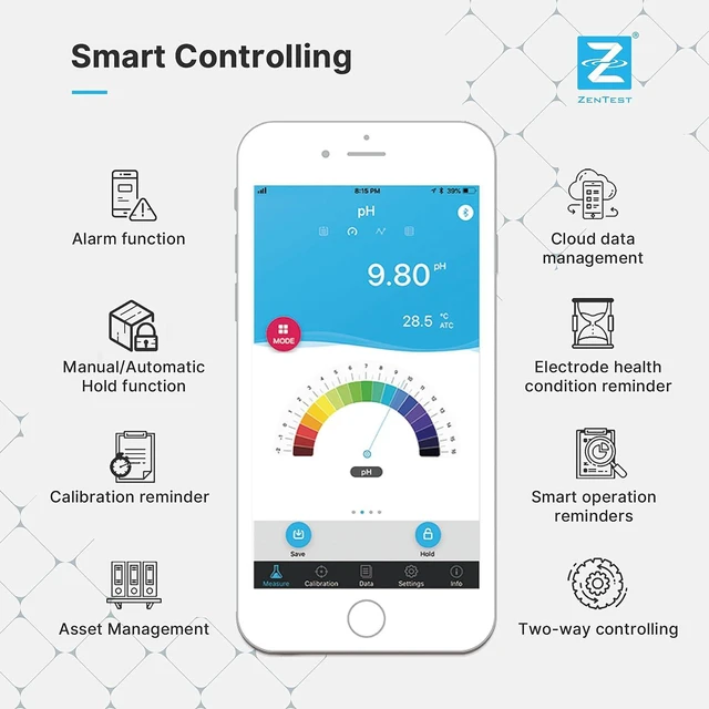 Alt view image 2 of 7 - PC60-Z Bluetooth Multi-Parameter pH/Conductivity/TDS/Salinity/Resistivity Smart Meter Tester Powered by ZenTest Mobile App with Cloud-Based Datalogger