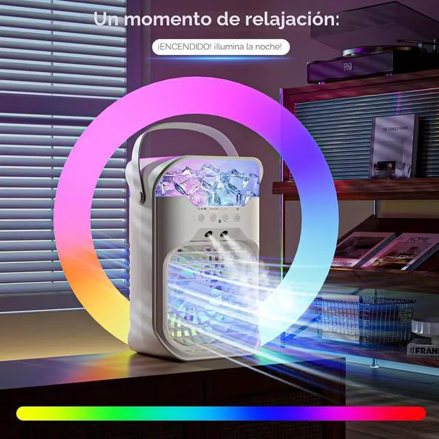 Alt view image 5 of 7 - Aire acondicionado portátil, enfriador de aire 4 en 1, 3 velocidades de ventilador, tanque de agua de 54.1 fl oz con 2 nieblas, luz nocturna de 10 colores, control remoto, aire acondicionado portátil