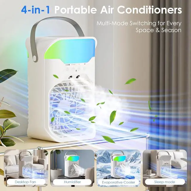 Alt view image 6 of 7 - Aire acondicionado portátil, enfriador de aire 4 en 1, 3 velocidades de ventilador, tanque de agua de 54.1 fl oz con 2 nieblas, luz nocturna de 10 colores, control remoto, aire acondicionado portátil