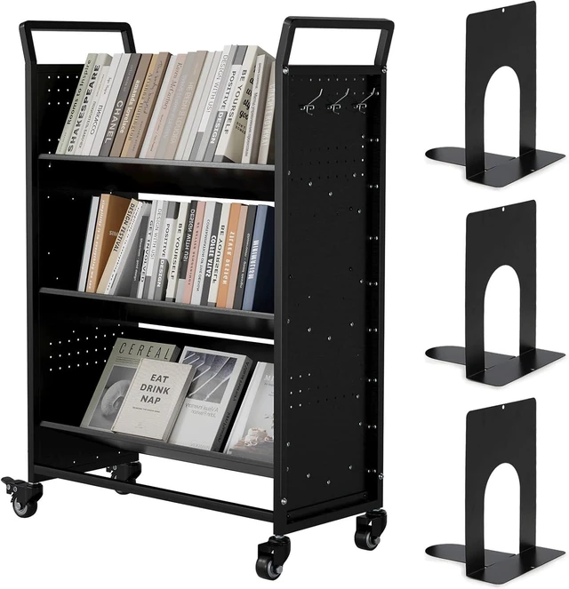 Main image of Carrito de libros 2 en 1 con ruedas (negro, 48.4 x 31.5 x 14.2
Estantería de camión de biblioteca de 352 libras, estantes en forma de L/V, ganchos, soportes, colocación unilateral
