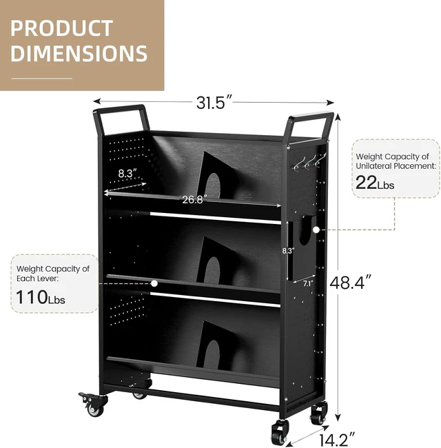 Alt view image 5 of 6 - Carrito de libros 2 en 1 con ruedas (negro, 48.4 x 31.5 x 14.2
Estantería de camión de biblioteca de 352 libras, estantes en forma de L/V, ganchos, soportes, colocación unilateral
