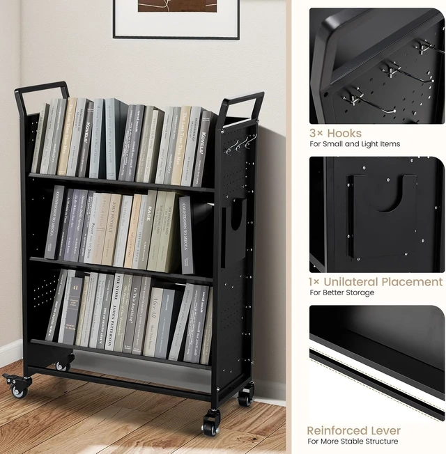 Alt view image 6 of 6 - Carrito de libros 2 en 1 con ruedas (negro, 48.4 x 31.5 x 14.2
Estantería de camión de biblioteca de 352 libras, estantes en forma de L/V, ganchos, soportes, colocación unilateral