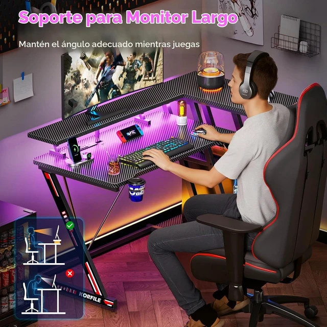 Alt view image 4 of 7 - Korfile 40 Inch Gaming Desk with Power Outlet, LED, Carbon Fiber Black
Mesa de juegos para computadora en forma de L, mesa de esquina para jugadores, con estantes de almacenamiento de 3 niveles