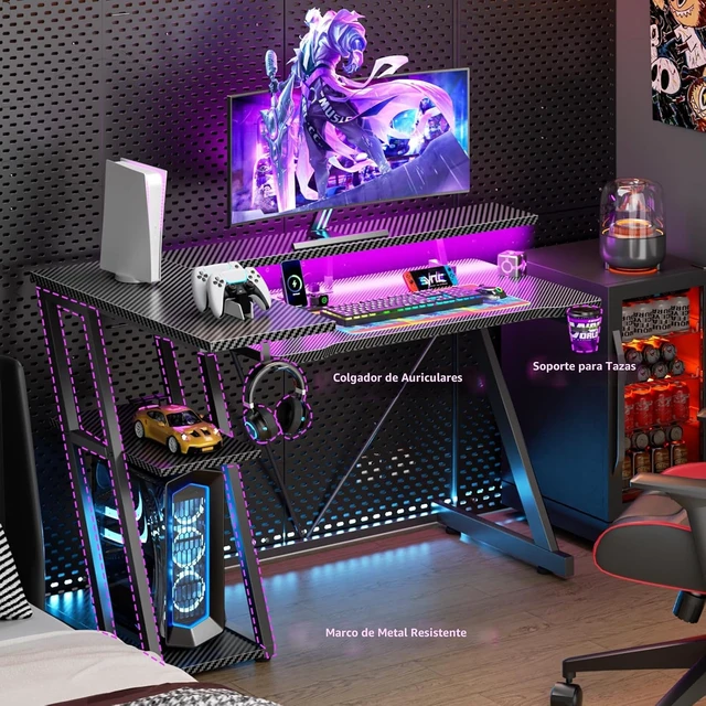 Alt view image 3 of 7 - Korfile 40 Inch Gaming Desk with Power Outlet, LED, Carbon Fiber Black
Mesa de juegos para computadora en forma de L, mesa de esquina para jugadores, con estantes de almacenamiento de 3 niveles