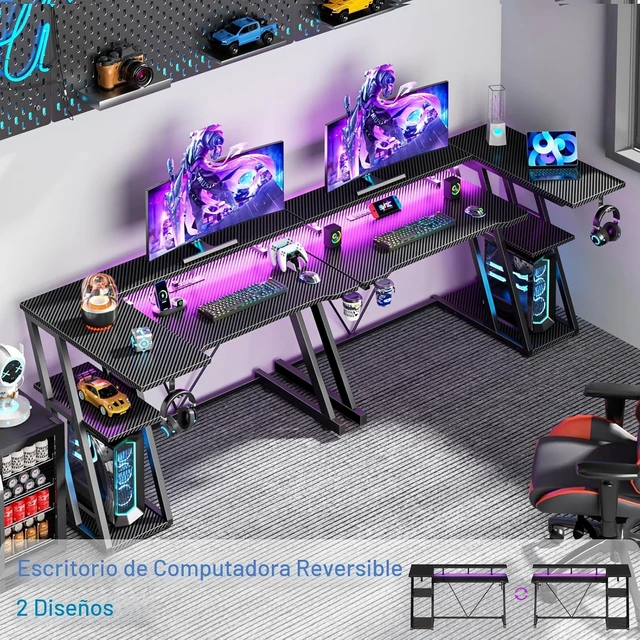 Alt view image 5 of 7 - Korfile 40 Inch Gaming Desk with Power Outlet, LED, Carbon Fiber Black
Mesa de juegos para computadora en forma de L, mesa de esquina para jugadores, con estantes de almacenamiento de 3 niveles