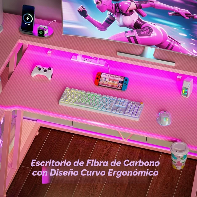 Alt view image 4 of 7 - Korfile Escritorio rosa para juegos de 40 pulgadas con toma de corriente y luces LED, escritorio de esquina para computadora con estantes de almacenamiento de 3 niveles, escritorio para juegos en L Sh
