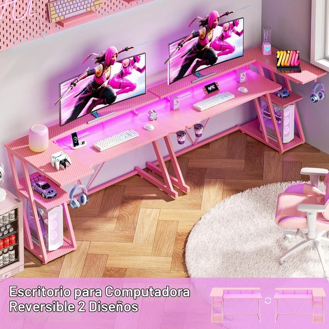 Alt view image 3 of 7 - Korfile Escritorio rosa para juegos de 40 pulgadas con toma de corriente y luces LED, escritorio de esquina para computadora con estantes de almacenamiento de 3 niveles, escritorio para juegos en L Sh