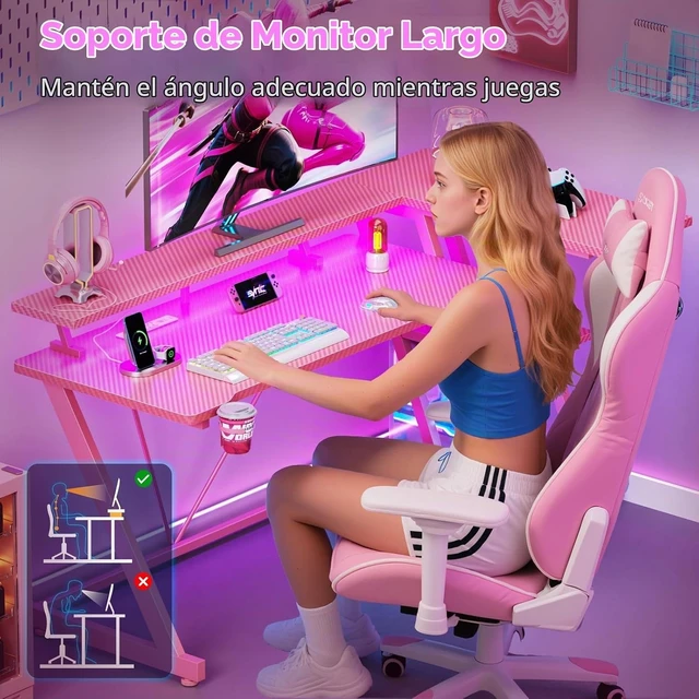 Alt view image 2 of 7 - Korfile Escritorio rosa para juegos de 40 pulgadas con toma de corriente y luces LED, escritorio de esquina para computadora con estantes de almacenamiento de 3 niveles, escritorio para juegos en L Sh
