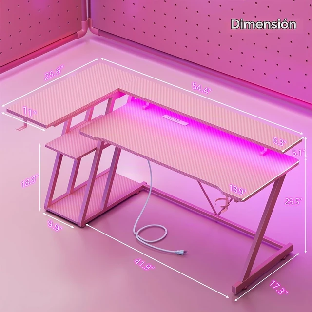 Alt view image 5 of 7 - Korfile Escritorio rosa para juegos de 40 pulgadas con toma de corriente y luces LED, escritorio de esquina para computadora con estantes de almacenamiento de 3 niveles, escritorio para juegos en L Sh