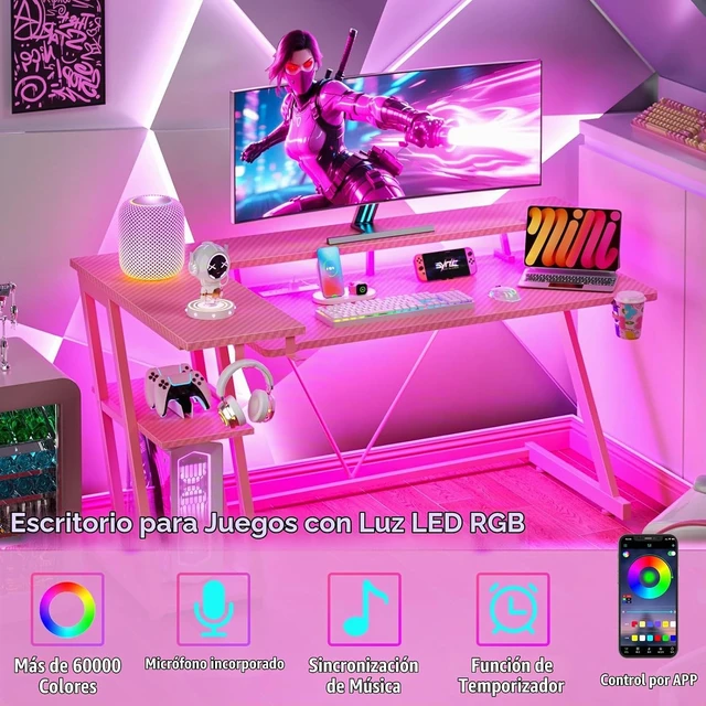 Alt view image 6 of 7 - Korfile Escritorio rosa para juegos de 40 pulgadas con toma de corriente y luces LED, escritorio de esquina para computadora con estantes de almacenamiento de 3 niveles, escritorio para juegos en L Sh