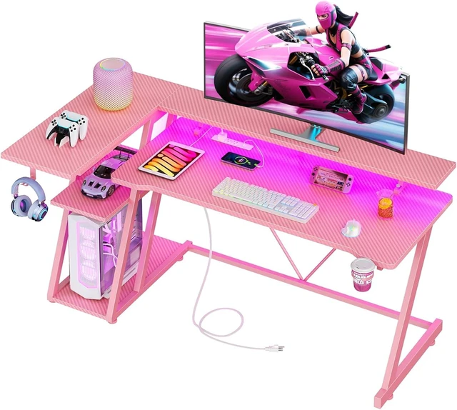 Main image of Korfile Escritorio rosa para juegos de 40 pulgadas con toma de corriente y luces LED, escritorio de esquina para computadora con estantes de almacenamiento de 3 niveles, escritorio para juegos en L Sh
