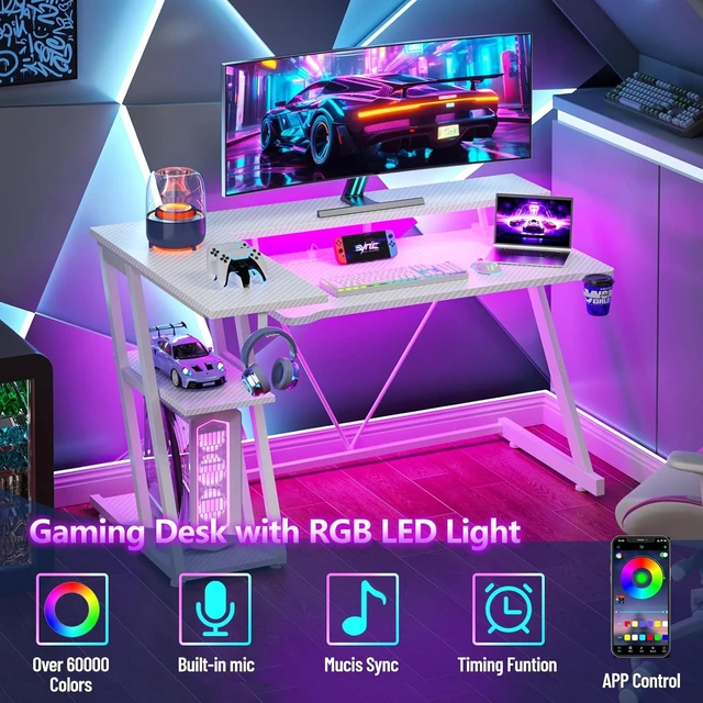 Alt view image 4 of 6 - Korfile - Escritorio para juegos de 40 pulgadas con toma de corriente, LED, fibra de carbono blanca L Shaped Computer Gaming Table, Corner Gamer Table, with 3 Tiers Storage Shelves, with Moniter Stand