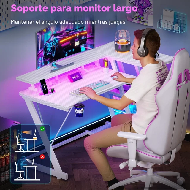 Alt view image 2 of 6 - Korfile - Escritorio para juegos de 40 pulgadas con toma de corriente, LED, fibra de carbono blanca L Shaped Computer Gaming Table, Corner Gamer Table, with 3 Tiers Storage Shelves, with Moniter Stand