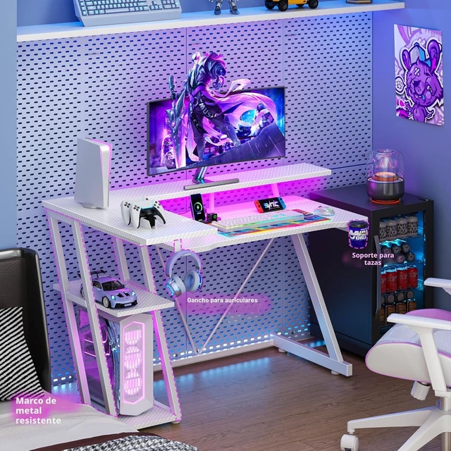 Alt view image 3 of 6 - Korfile - Escritorio para juegos de 40 pulgadas con toma de corriente, LED, fibra de carbono blanca L Shaped Computer Gaming Table, Corner Gamer Table, with 3 Tiers Storage Shelves, with Moniter Stand