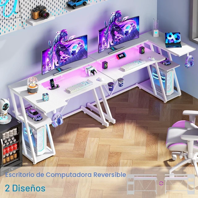 Alt view image 6 of 6 - Korfile - Escritorio para juegos de 40 pulgadas con toma de corriente, LED, fibra de carbono blanca L Shaped Computer Gaming Table, Corner Gamer Table, with 3 Tiers Storage Shelves, with Moniter Stand