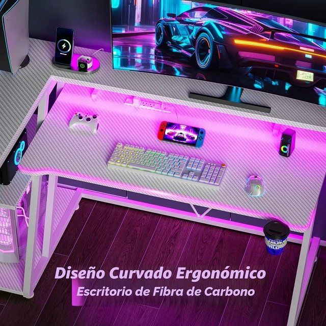 Alt view image 5 of 6 - Korfile - Escritorio para juegos de 40 pulgadas con toma de corriente, LED, fibra de carbono blanca L Shaped Computer Gaming Table, Corner Gamer Table, with 3 Tiers Storage Shelves, with Moniter Stand