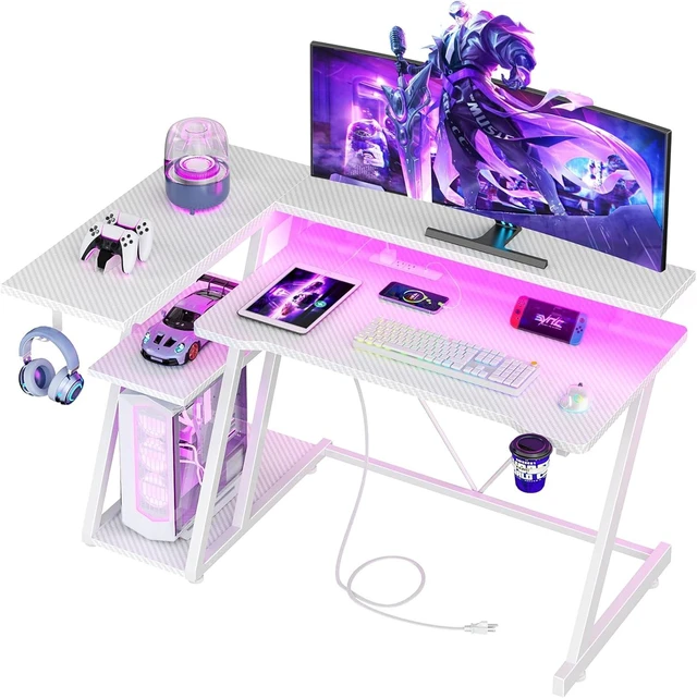 Main image of Korfile - Escritorio para juegos de 40 pulgadas con toma de corriente, LED, fibra de carbono blanca L Shaped Computer Gaming Table, Corner Gamer Table, with 3 Tiers Storage Shelves, with Moniter Stand