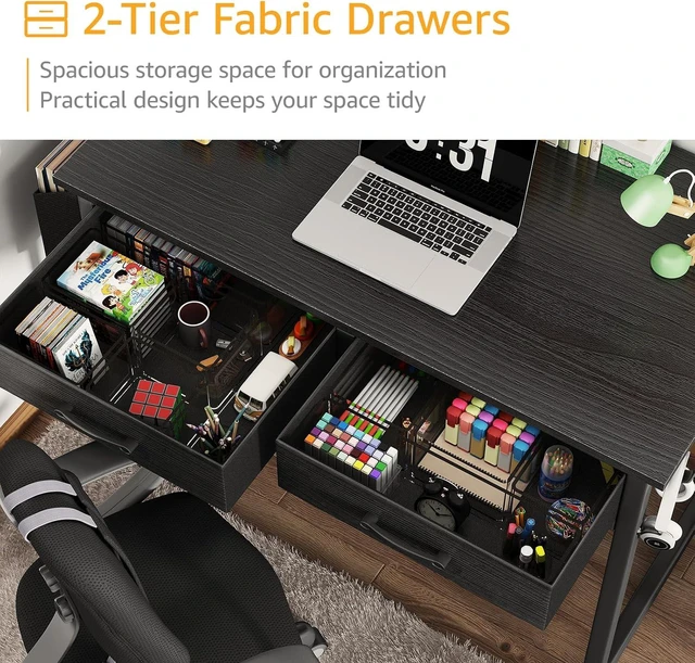 Alt view image 4 of 7 - DLisiting - Escritorio pequeño con cajones de tela para dormitorio, escritorio de 32 pulgadas para juegos con 2 cajones para espacios pequeños, mesa de estudio y escritura, escritorios para PC, negro
