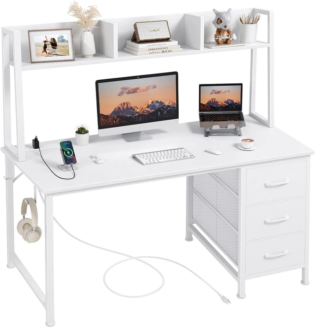Main image of DLisiting - Escritorio blanco para computadora con gabinete y cajones, 47
Escritorio de oficina moderno para estudio, 3 cajones de tela de almacenamiento, tomas de corriente, para dormitorio