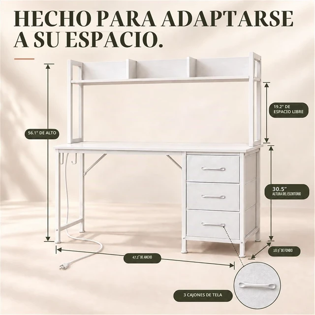 Alt view image 7 of 7 - DLisiting - Escritorio blanco para computadora con gabinete y cajones, 47
Escritorio de oficina moderno para estudio, 3 cajones de tela de almacenamiento, tomas de corriente, para dormitorio