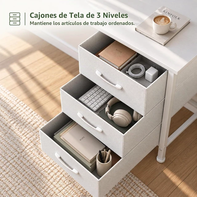 Alt view image 3 of 7 - DLisiting - Escritorio blanco para computadora con gabinete y cajones, 47
Escritorio de oficina moderno para estudio, 3 cajones de tela de almacenamiento, tomas de corriente, para dormitorio