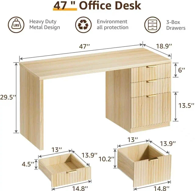 Alt view image 3 of 7 - DLisiting - Escritorio estriado con cajones para archivos, 47 pulgadas
Escritorio ejecutivo moderno, madera con cajones de gabinete, escritorio de madera bohemio para computadora con