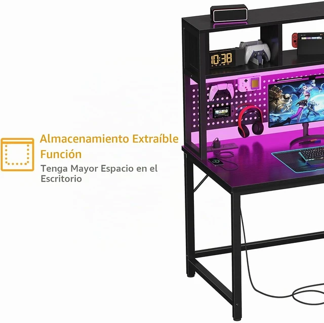 Alt view image 5 of 7 - DLisiting - Escritorio negro para juegos con gabinete y tablero de clavijas
Almacenamiento de estantes, tomas de corriente, computadora adolescente trabajo estudio escritura, para dormitorio