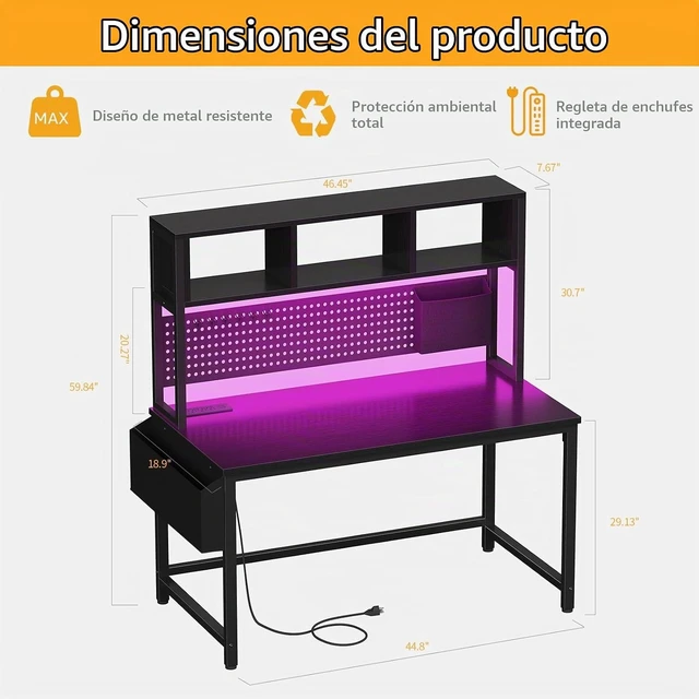 Alt view image 2 of 7 - DLisiting - Escritorio negro para juegos con gabinete y tablero de clavijas
Almacenamiento de estantes, tomas de corriente, computadora adolescente trabajo estudio escritura, para dormitorio