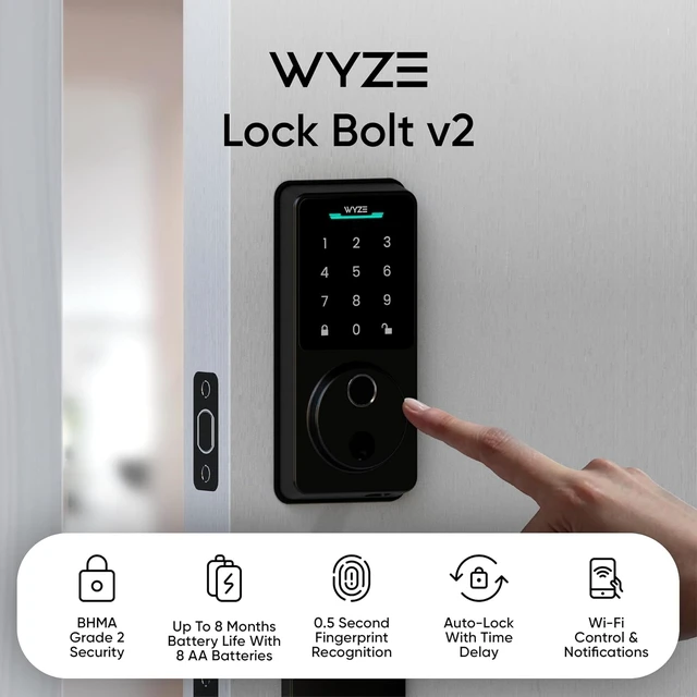 Alt view image 4 of 7 - Wyze Auto-Lock Bolt v2, Fingerprint Keyless Entry Smart Lock, AI Learning Scanner with Wi-Fi Front Door Lock Deadbolt, Auto-Lock, 8 Months Battery, BHMA2, IP53, Anti-Peep Keypad, Backup Keys