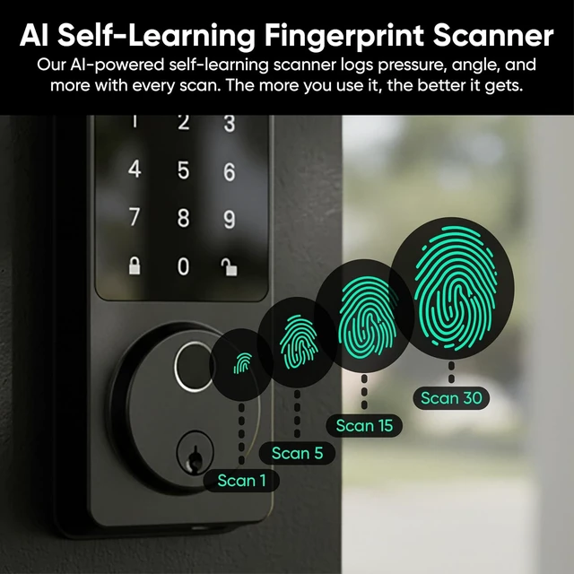 Alt view image 7 of 7 - Wyze Auto-Lock Bolt v2, Fingerprint Keyless Entry Smart Lock, AI Learning Scanner with Wi-Fi Front Door Lock Deadbolt, Auto-Lock, 8 Months Battery, BHMA2, IP53, Anti-Peep Keypad, Backup Keys