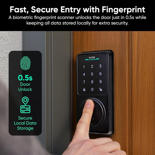 Alt view image 6 of 7 - Wyze Auto-Lock Bolt v2, Fingerprint Keyless Entry Smart Lock, AI Learning Scanner with Wi-Fi Front Door Lock Deadbolt, Auto-Lock, 8 Months Battery, BHMA2, IP53, Anti-Peep Keypad, Backup Keys