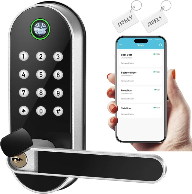 Main image of Cerradura de puerta inteligente con huella digital con asa y teclado, no más llaves perdidas, entrada sin llave y acceso remoto para el hogar, niños, Airbnb y propiedades de alquiler, instalación de b