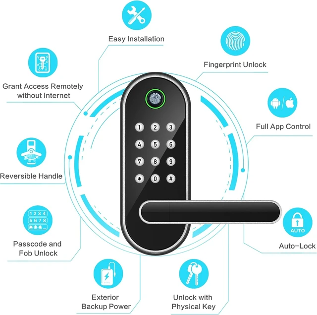 Alt view image 5 of 7 - Cerradura de puerta inteligente con huella digital con asa y teclado, no más llaves perdidas, entrada sin llave y acceso remoto para el hogar, niños, Airbnb y propiedades de alquiler, instalación de b