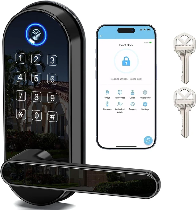 Main image of Cerradura inteligente de huellas dactilares Bluetooth con mango y teclado. Se adapta a la mayoría de puertas de EE. UU., instalación de bricolaje, entrada sin llave: código, FOB