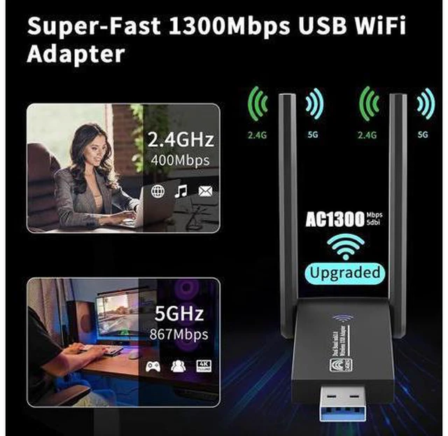 Alt view image 2 of 7 - AUTYUE USB WiFi Adapter for PC Laptop Desktop, AC1300M 2.4GHz/5.0GHz Band USB 3.0 WiFi Wireless Adapter Network Dongle w/High Gain 5dBi Dual Enhanced Antenna for Windows 11 10 8.1 8 7 XP Vista