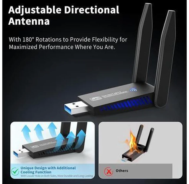 Alt view image 6 of 7 - AUTYUE USB WiFi Adapter for PC Laptop Desktop, AC1300M 2.4GHz/5.0GHz Band USB 3.0 WiFi Wireless Adapter Network Dongle w/High Gain 5dBi Dual Enhanced Antenna for Windows 11 10 8.1 8 7 XP Vista
