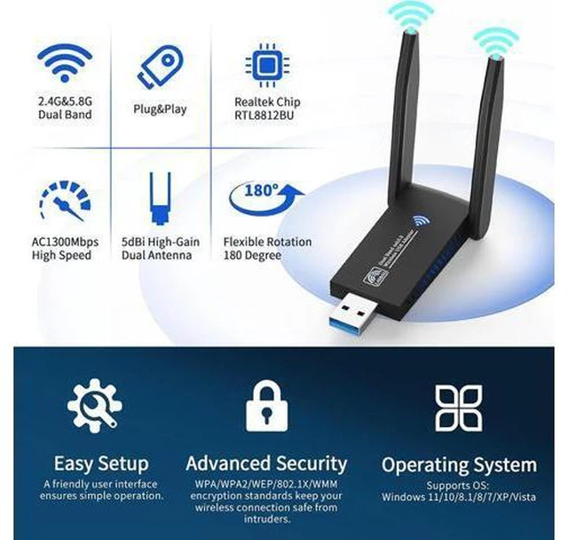 Alt view image 7 of 7 - AUTYUE USB WiFi Adapter for PC Laptop Desktop, AC1300M 2.4GHz/5.0GHz Band USB 3.0 WiFi Wireless Adapter Network Dongle w/High Gain 5dBi Dual Enhanced Antenna for Windows 11 10 8.1 8 7 XP Vista