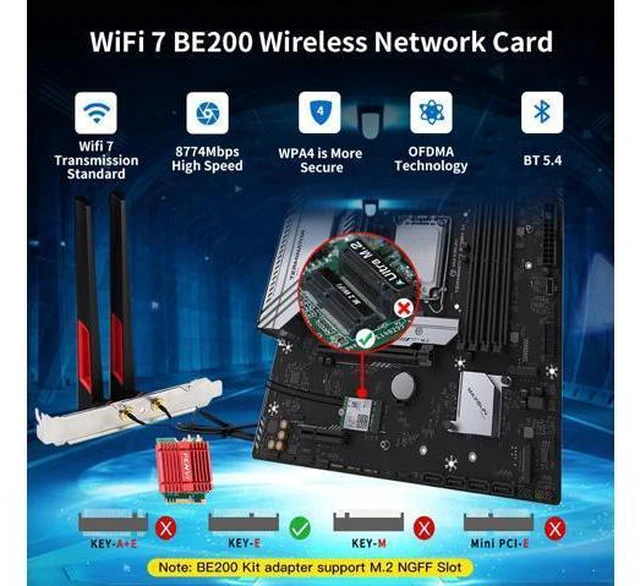Alt view image 3 of 7 - Fenvi WiFi 7 BE200 Tri-Band 802.11be M.2 Desktop Wireless Adapter Bluetooth 5.4, 4K QAM, 6G 320MHz,With Intel BE200NGW 8774Mbps NGFF Wi-Fi 7 Wireless Network Wlan Antenna Adapter For PC Windows 11/10